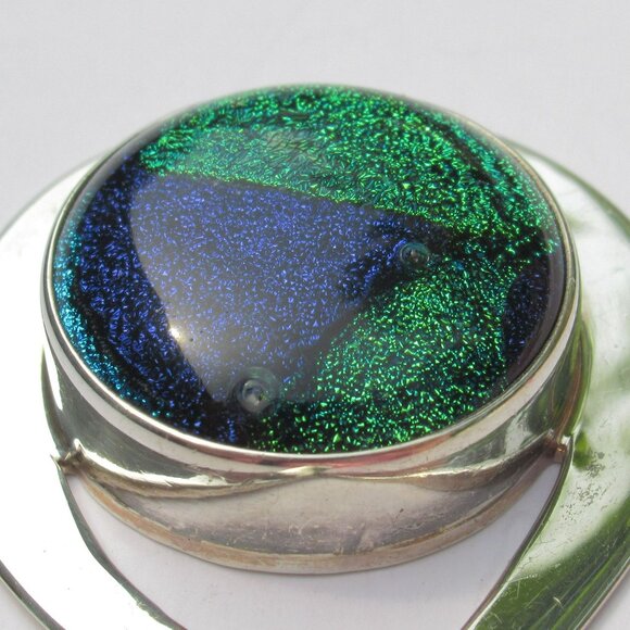 Dichroic Glass Sterling Silver Teardrop Pendant Blue & Green Handmade In Mexico - Picture 9 of 13